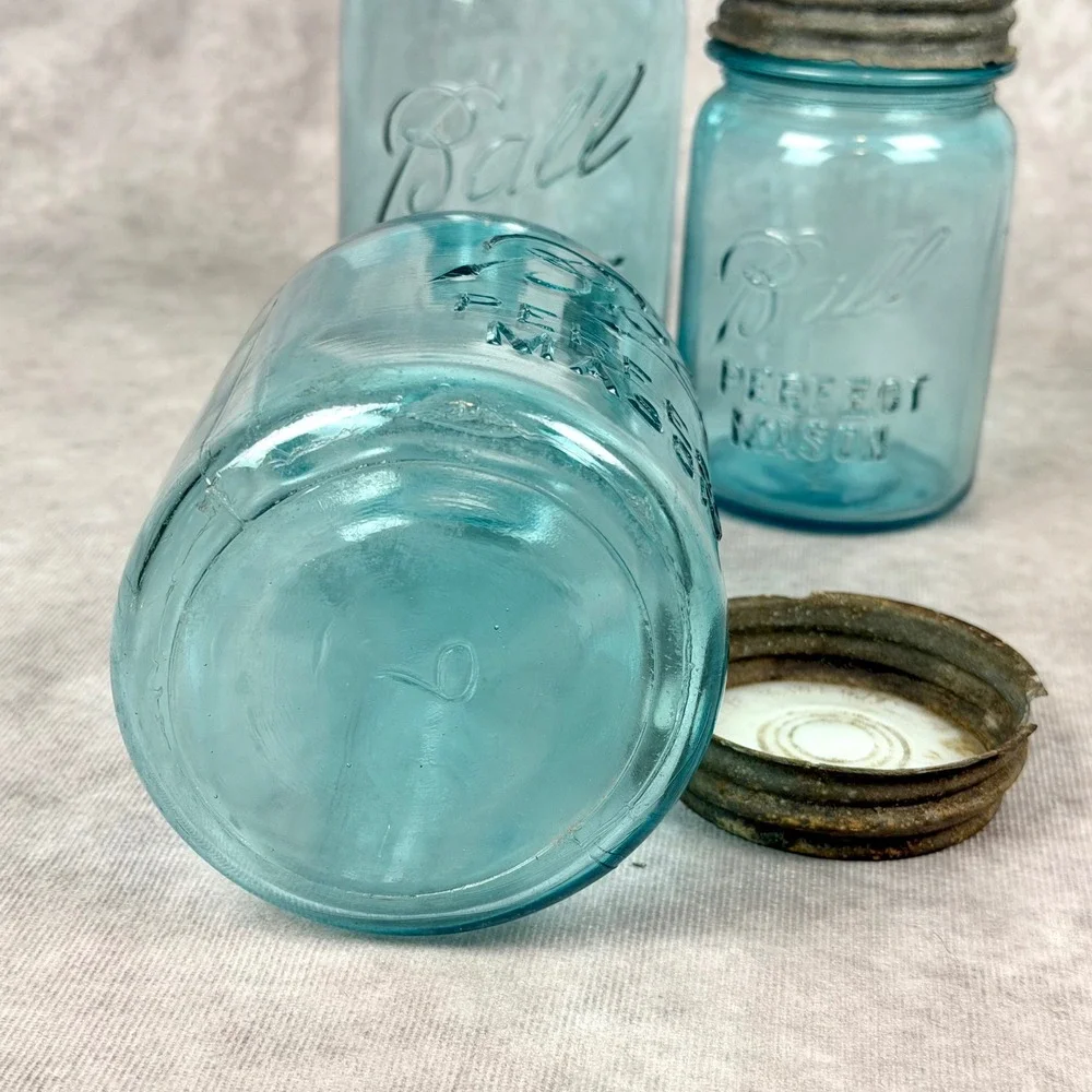Vintage Ball Perfect Mason Jars Aqua Blue Glass Set of 3 Zinc Lids Antique Decor